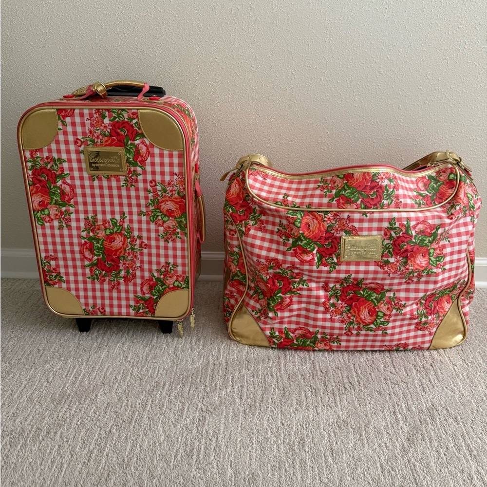 Betsey Johnson Red Floral Checkered Travel Bag Set